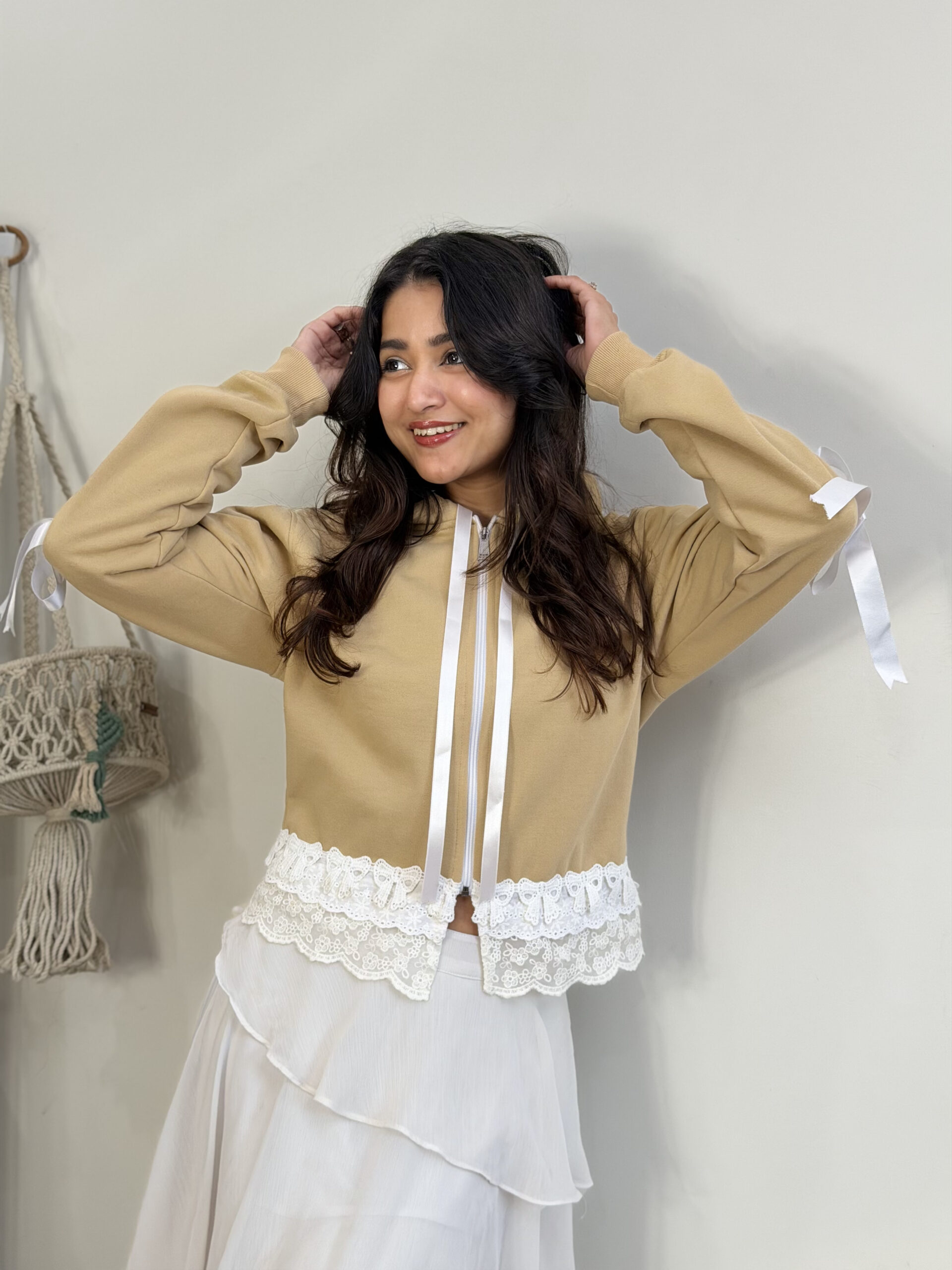 Kawaii Ribbon Hoodie- Beige