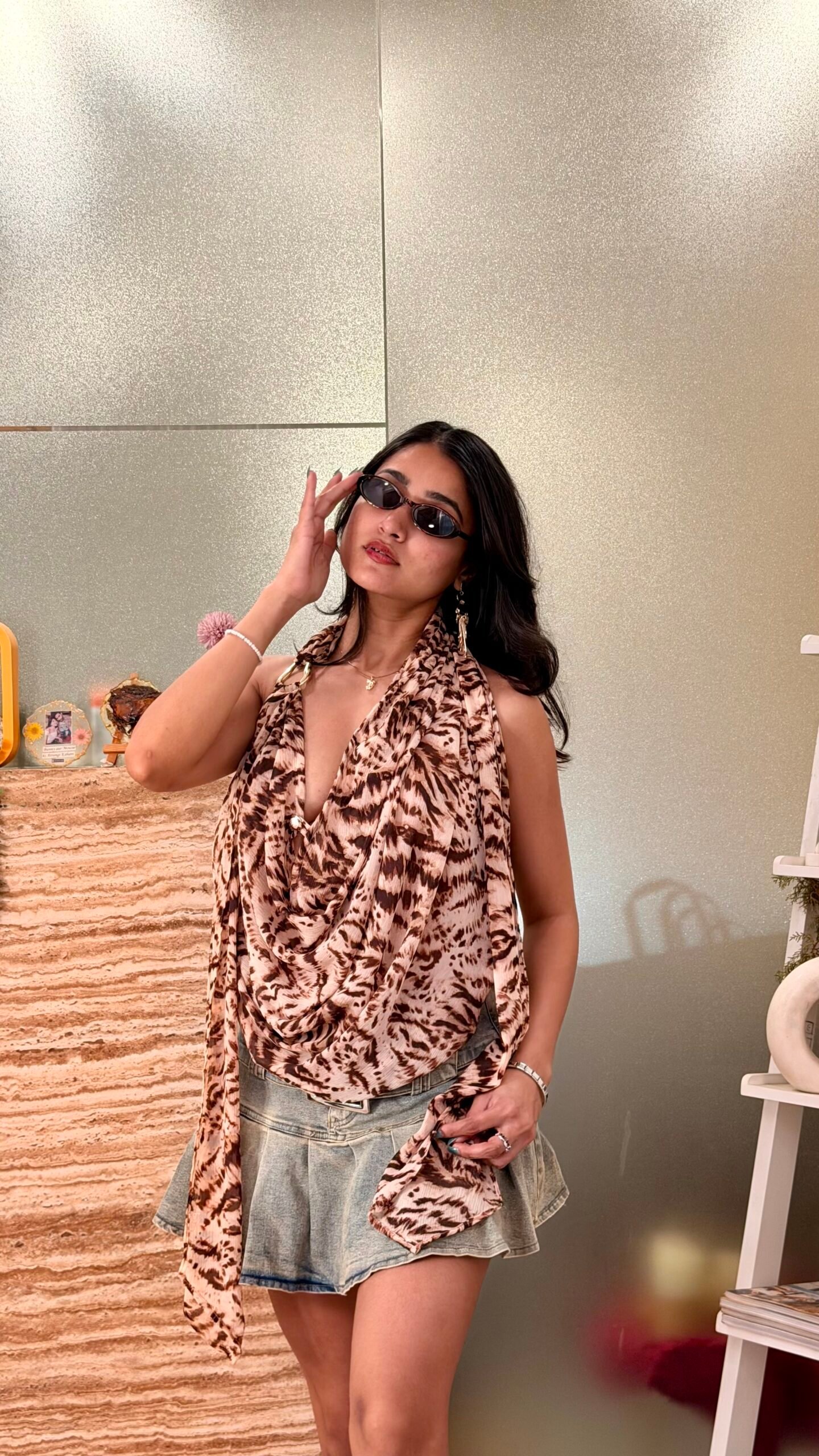 Leopard Draped Scarf Halter Top